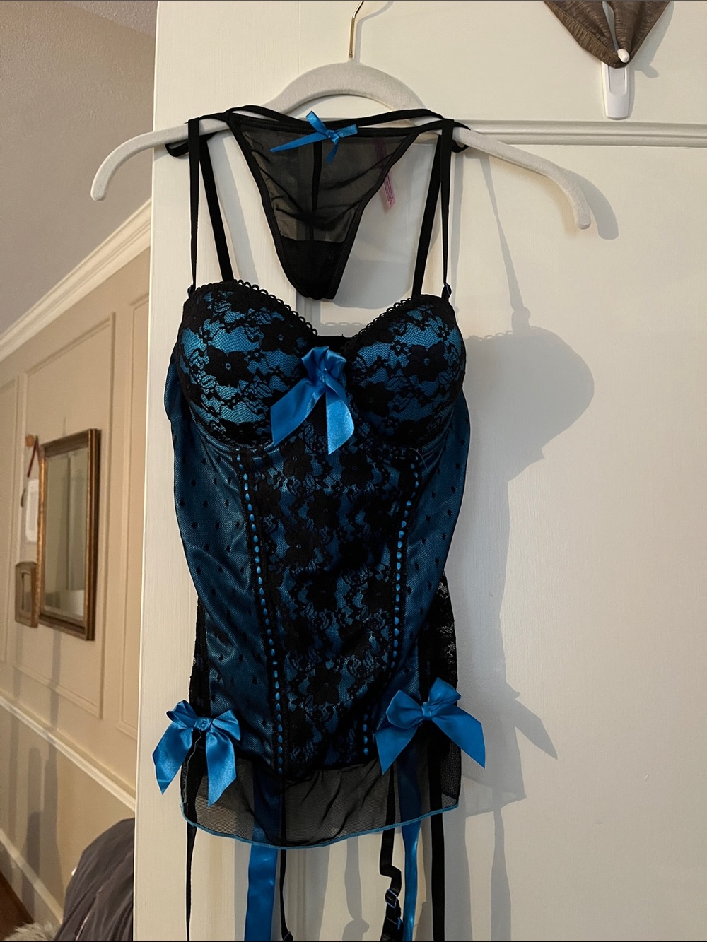 Native Intimates Blue and Black Lace Bustier with Satin Bows
